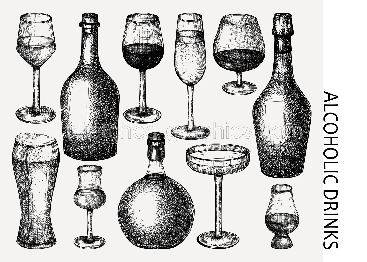 Alcoholic drinks glasses and bottles hand-drawing. Hand-sketched beverages set. Wine, champagne, brandy, whiskey collection. Vintage drinks vector illustration isolated on white background Illustration